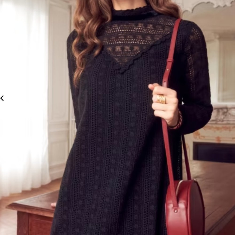 Sezane Black Lace Lila Short Dress, Lined except the sleeves, size FR34 (0/2/S)